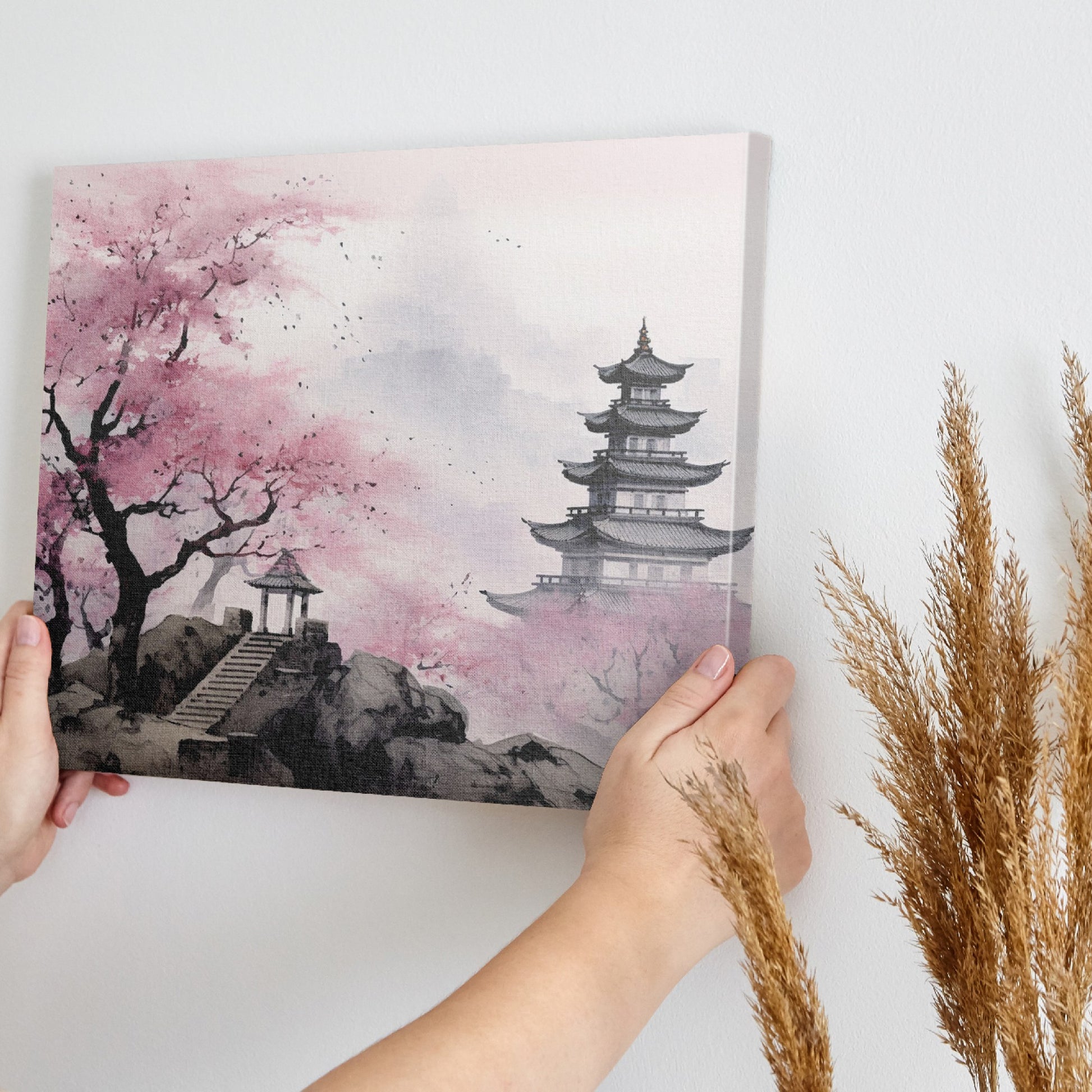 Framed canvas print of Oriental Pagoda in Mist with Cherry Blossoms