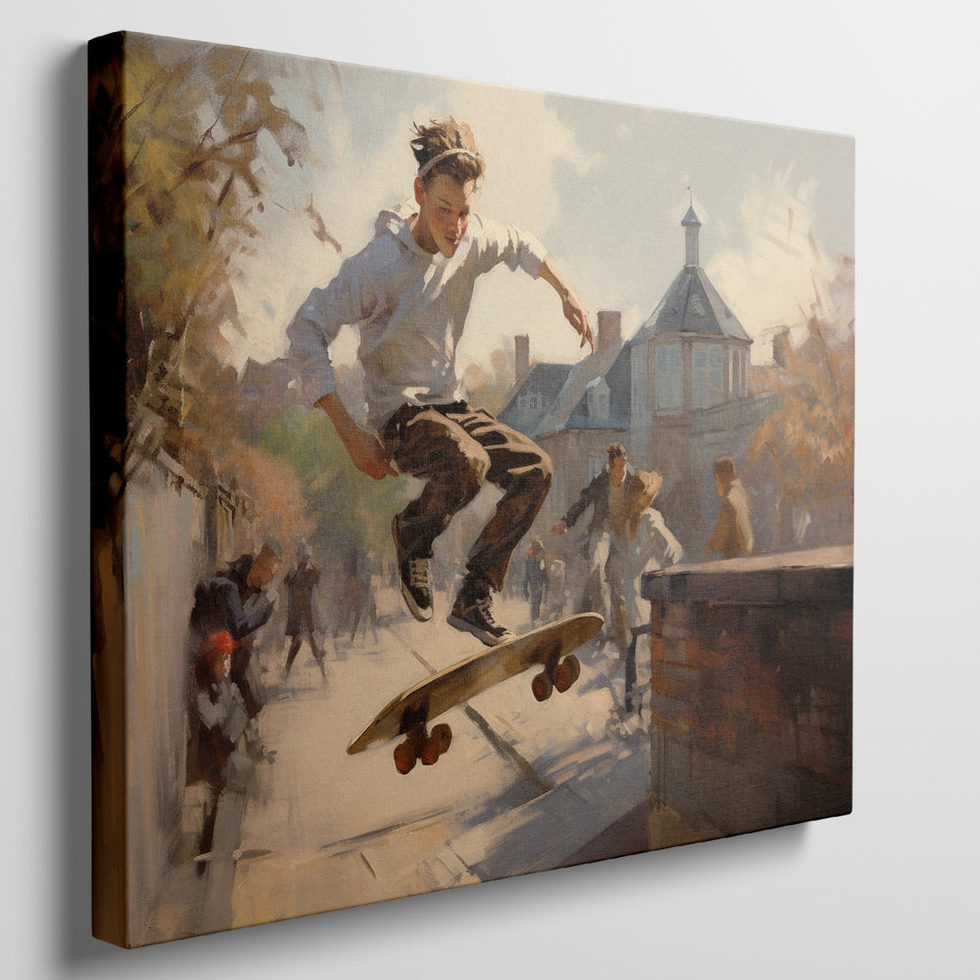 Framed canvas print of an impressionist urban scene with a skateboarder performing a trick in sunlight