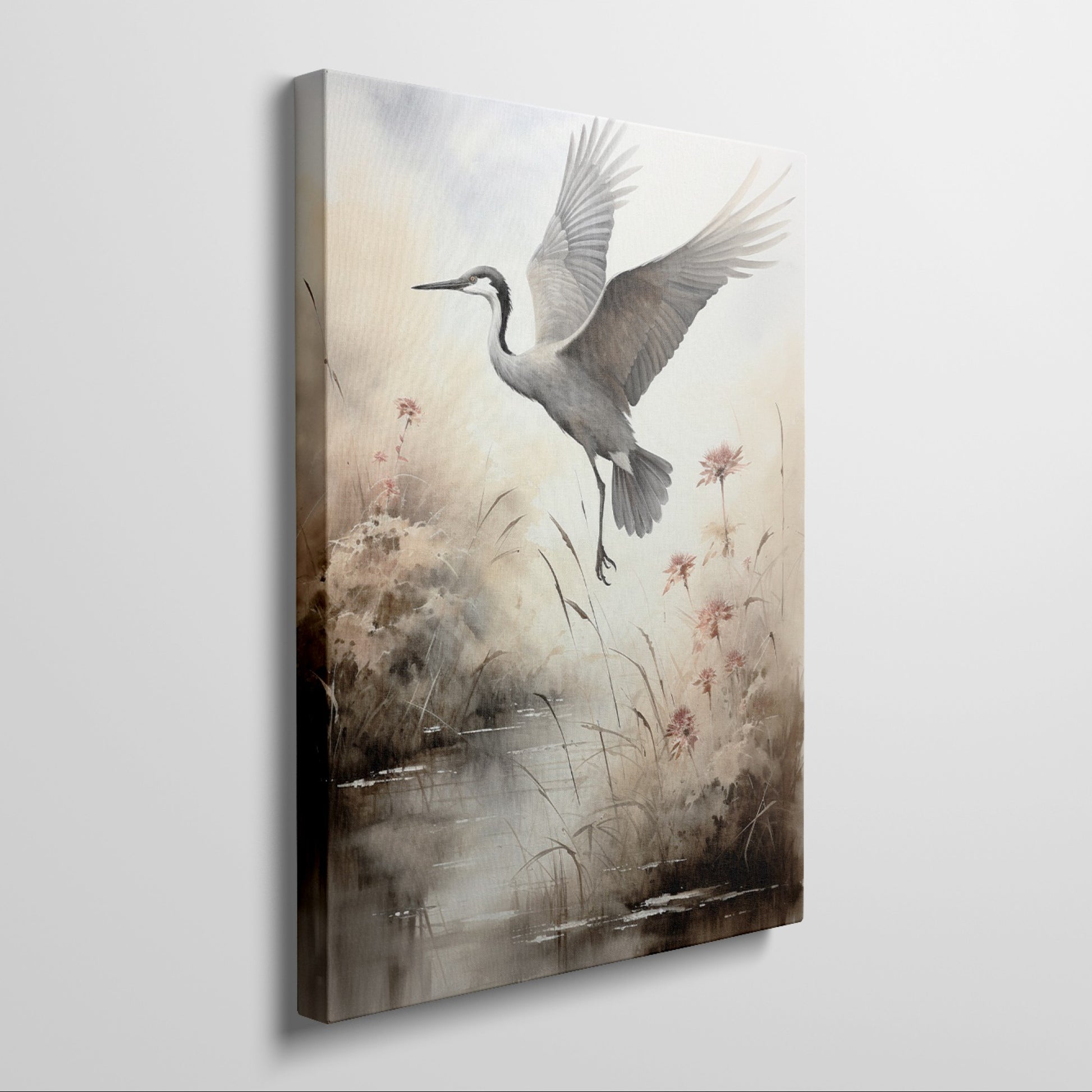 Framed canvas print of a heron soaring above a sepia-toned riverside scene with blooming reeds.