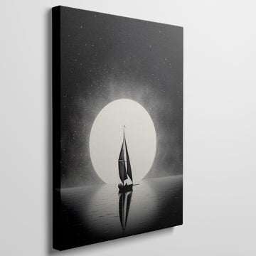 Framed canvas print of a sailboat silhouette against a full moon and starry sky