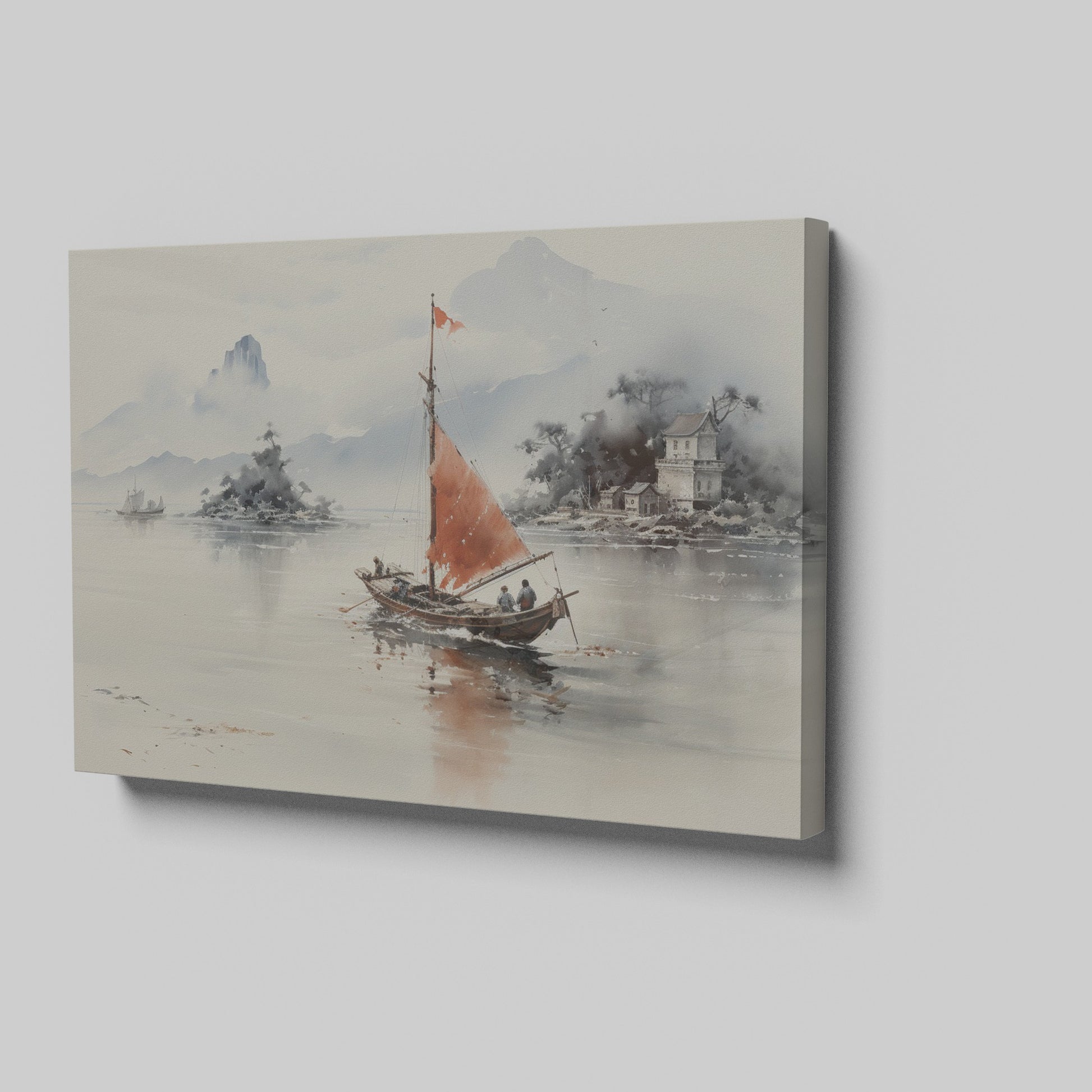 Framed canvas print of traditional Chinese painting featuring a sailboat, misty mountains, and historical architecture