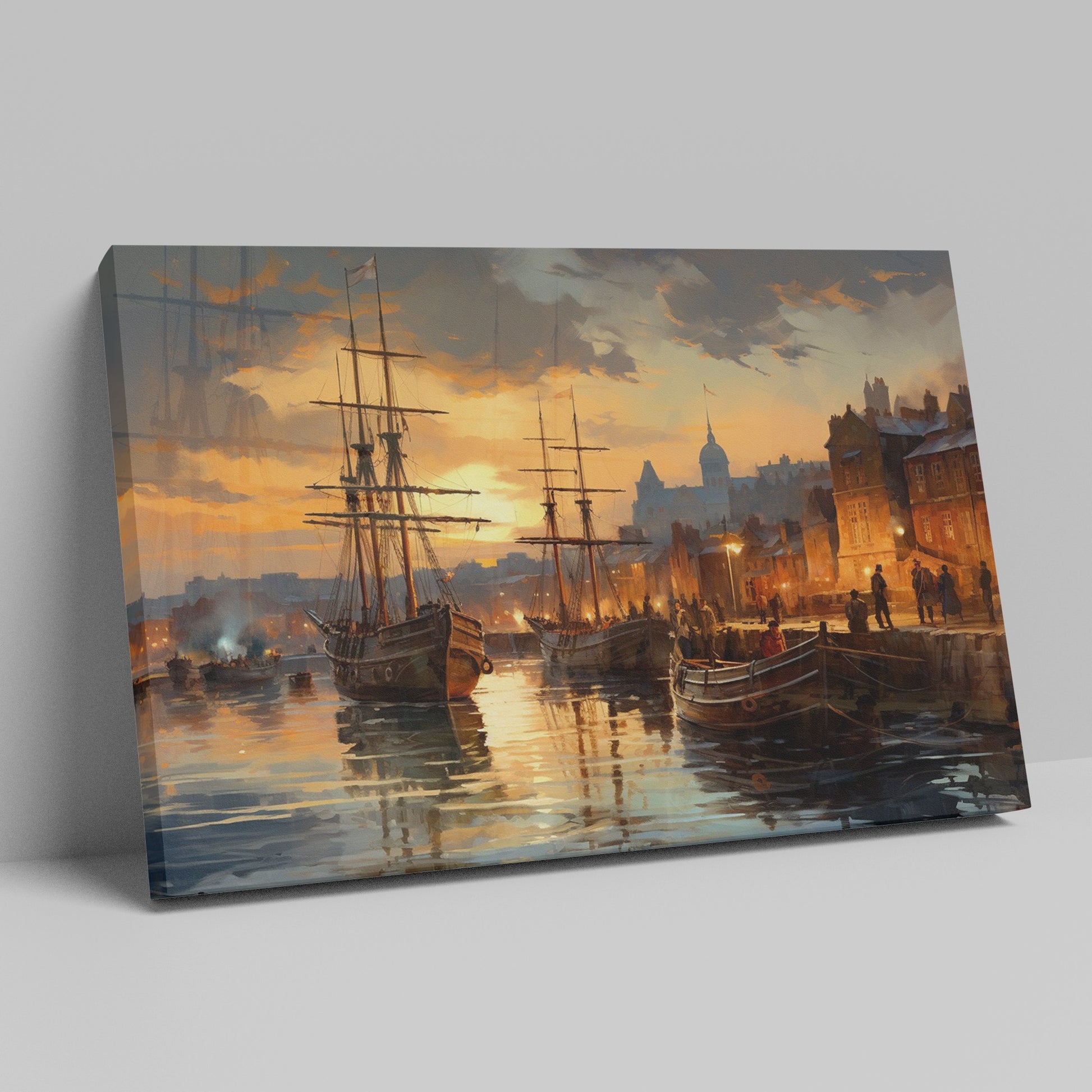 Framed canvas print of a historical port with sailing ships at sunset, featuring warm golden hues and reflective water