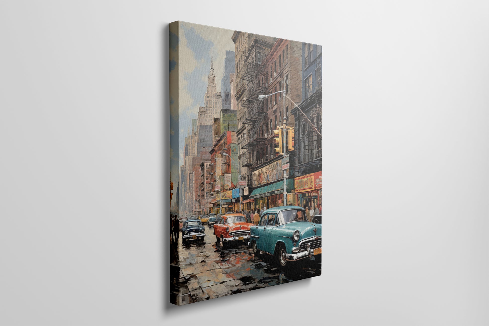 Framed canvas print of nostalgic New York street scene with vintage cars and historic buildings