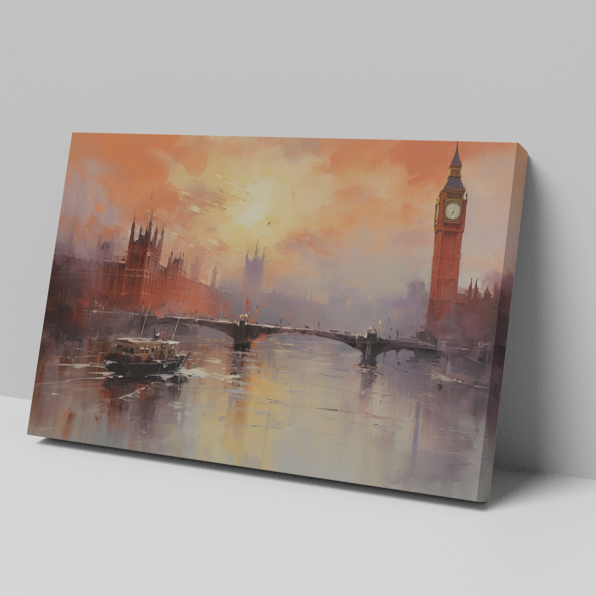 Framed canvas print of impressionist London skyline at sunset with Westminster Bridge and Thames River