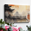 Framed canvas print of traditional Chinese ink wash painting with figures in orange robes and pagodas