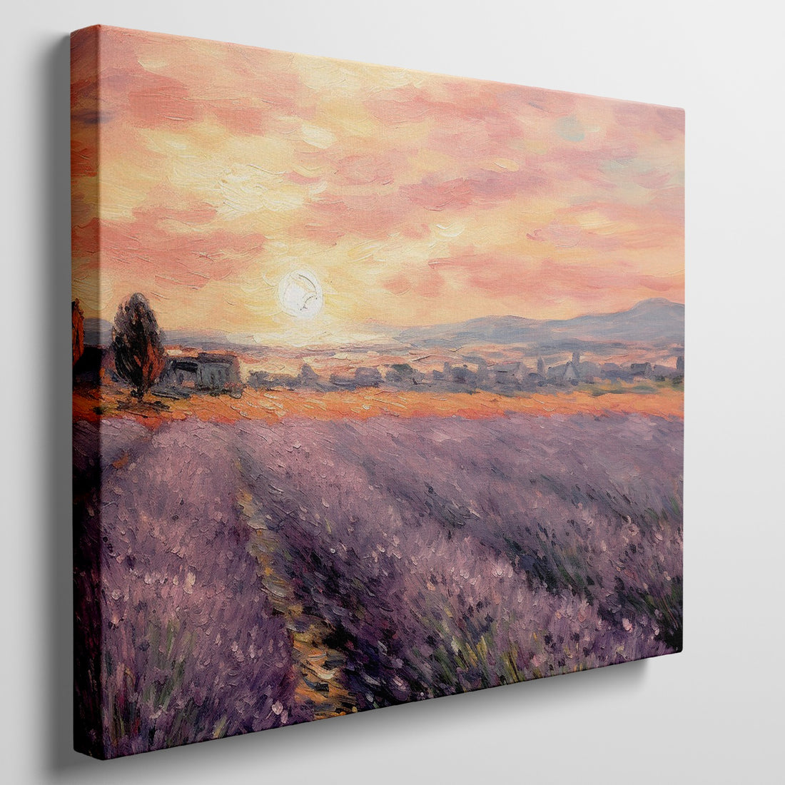 Framed canvas print of Impressionist-style lavender fields at sunset with vibrant sky and warm tones