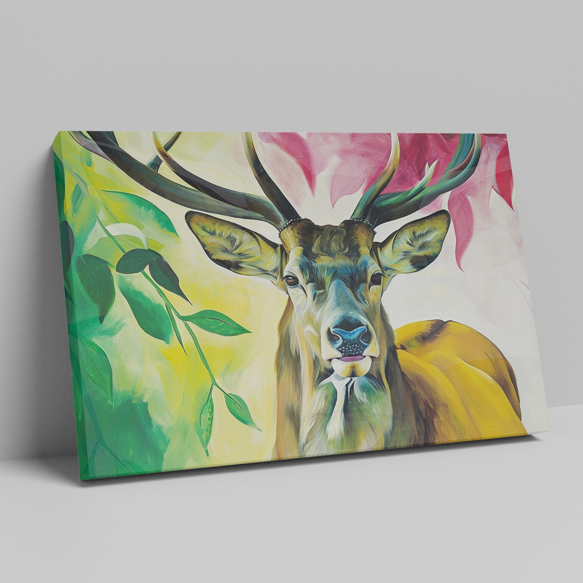 Framed canvas print of a colourful, modern artistic depiction of a stag with vibrant hues.