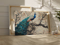 Framed canvas print of a peacock on a blossoming cherry tree with oriental art style