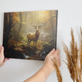 Framed canvas print of a majestic stag in a sunlit autumn forest with golden foliage