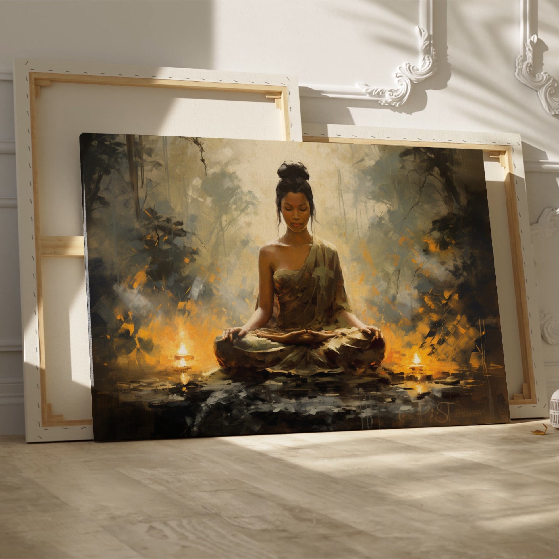 Framed canvas print of serene woman in meditation with warm, golden hues