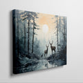 Framed canvas print of a serene forest scene with deer and sunset reflection