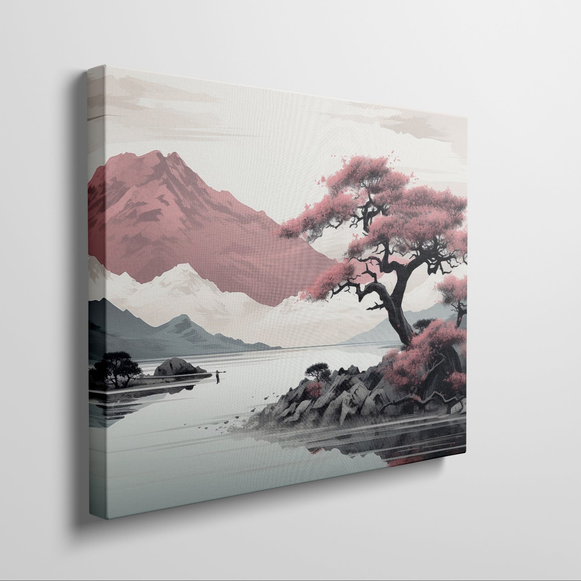 Framed canvas print of a serene mountain landscape with blooming pink sakura trees and tranquil lake