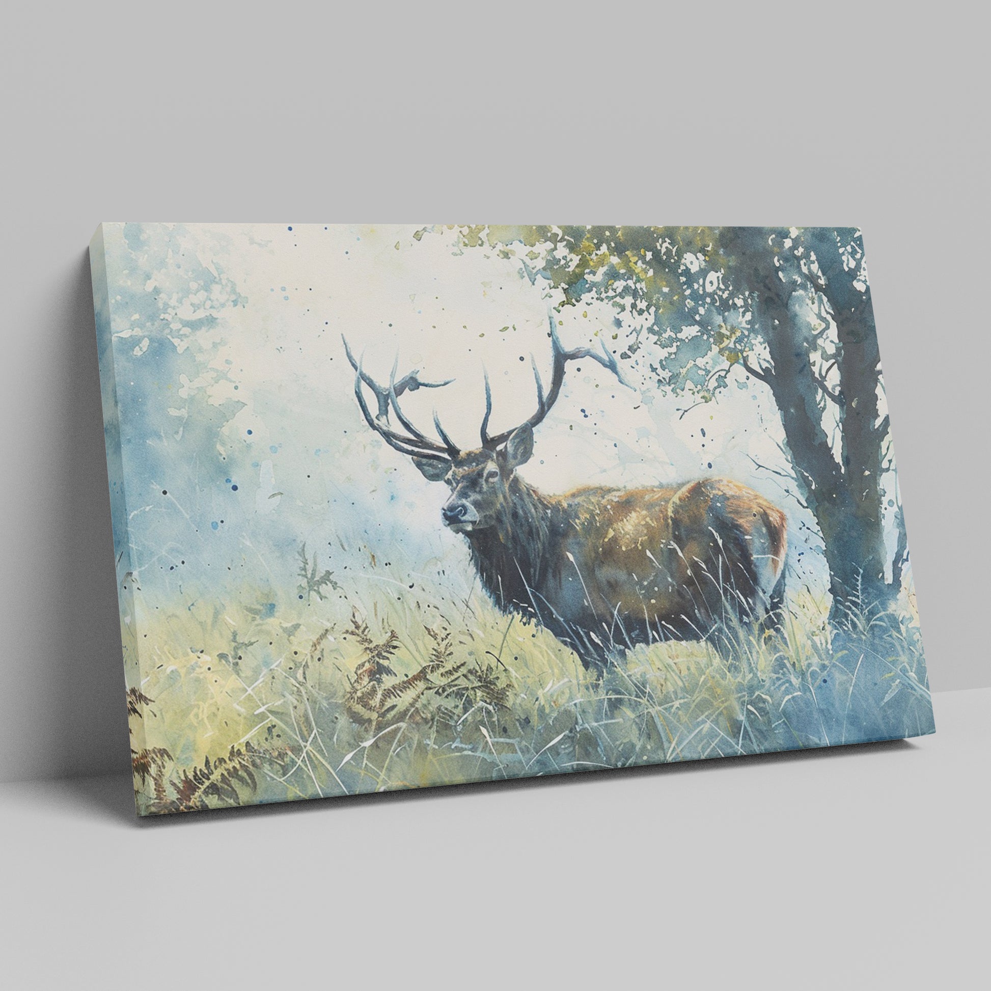 Framed canvas print of a watercolour stag in a serene woodland setting