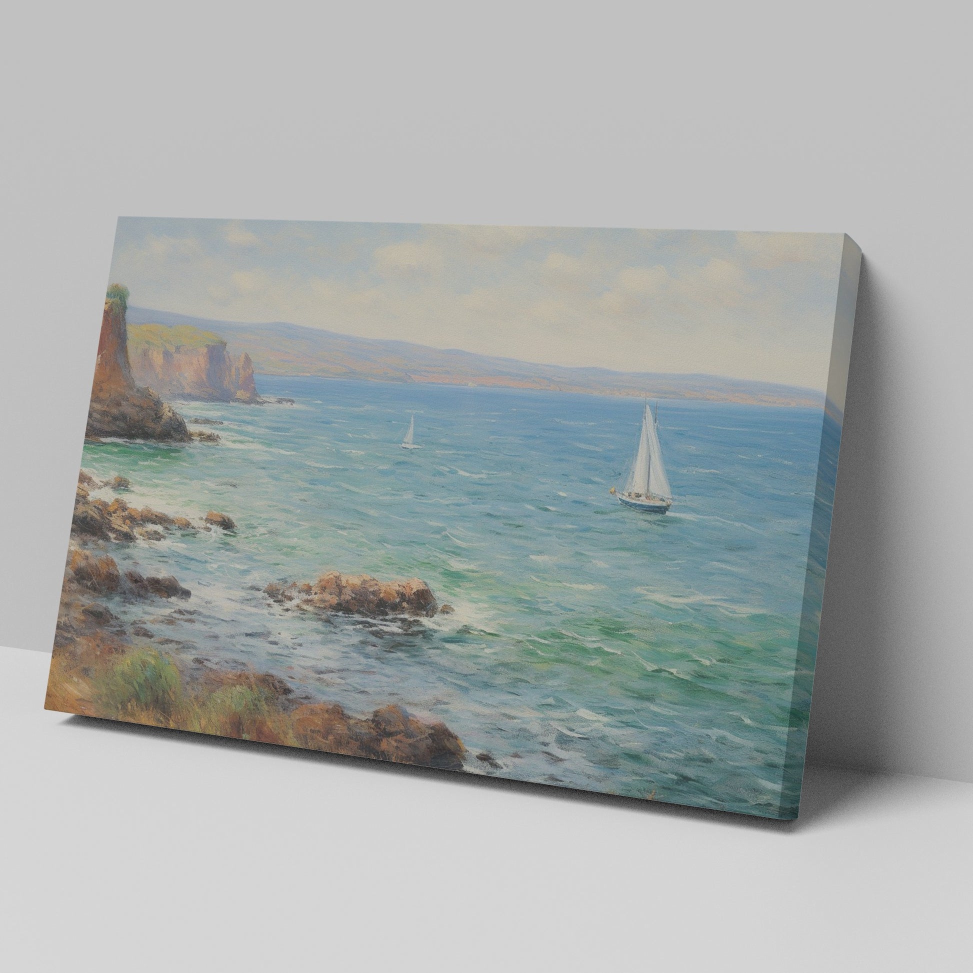 Framed canvas print of an impressionist painting depicting sailing boats on a serene sea beside a coastal cliff