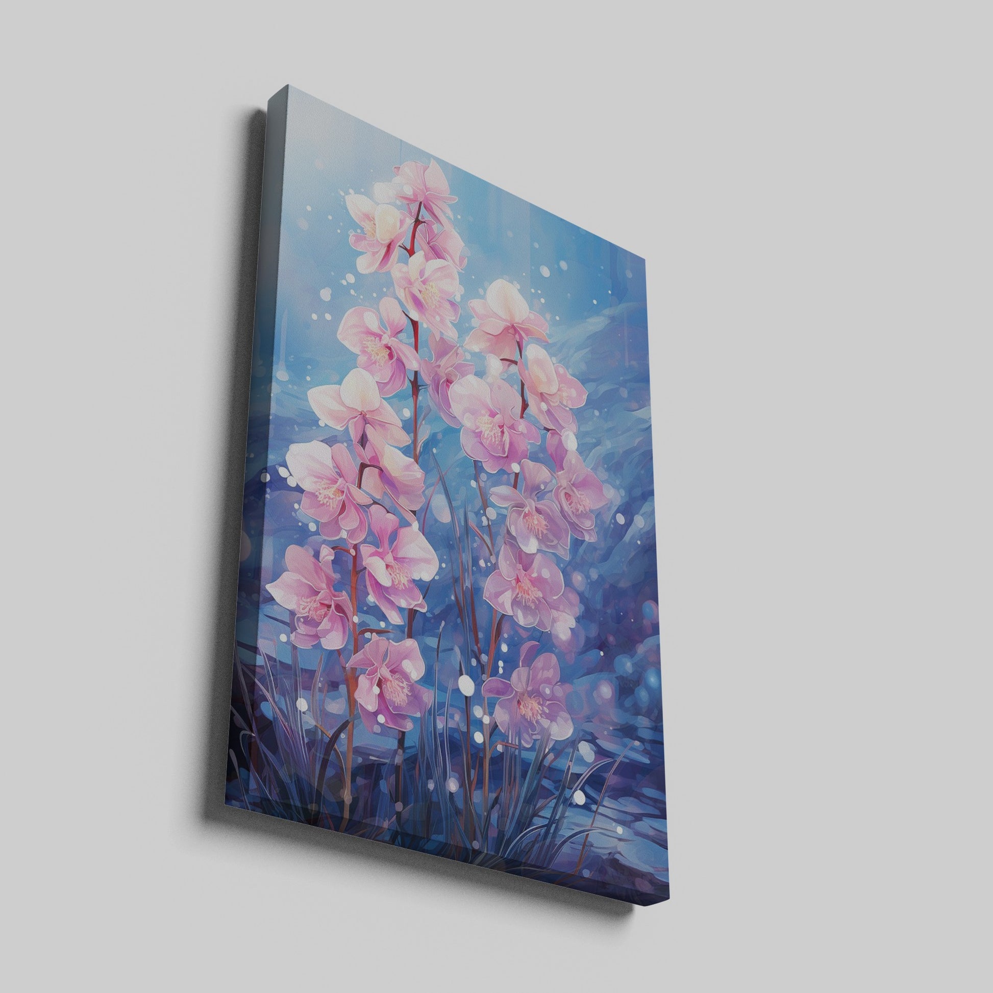 Framed canvas print of radiant pink orchids against a blue backdrop with watercolor textures