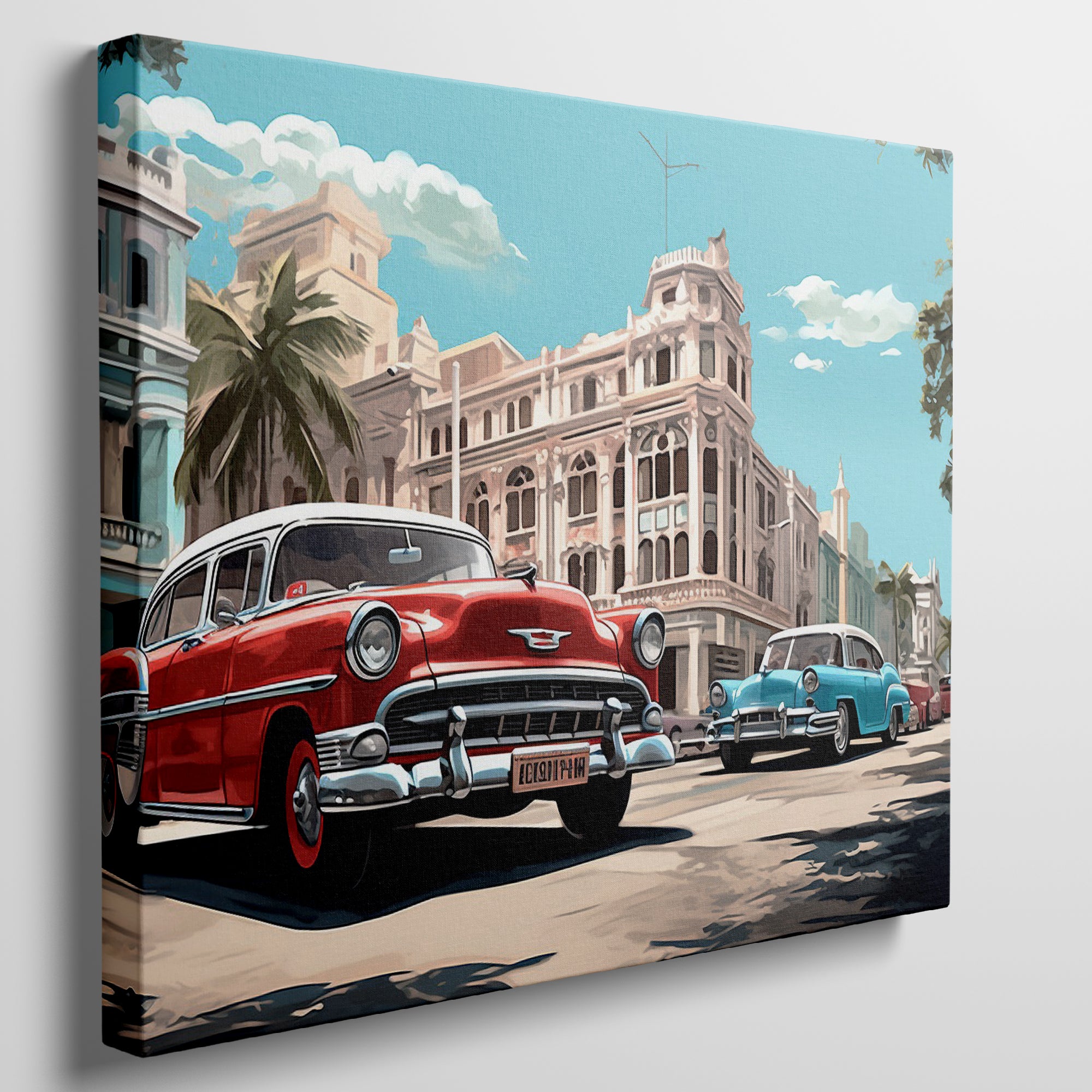 Framed canvas print of vintage cars and historic urban street scene in vibrant colours