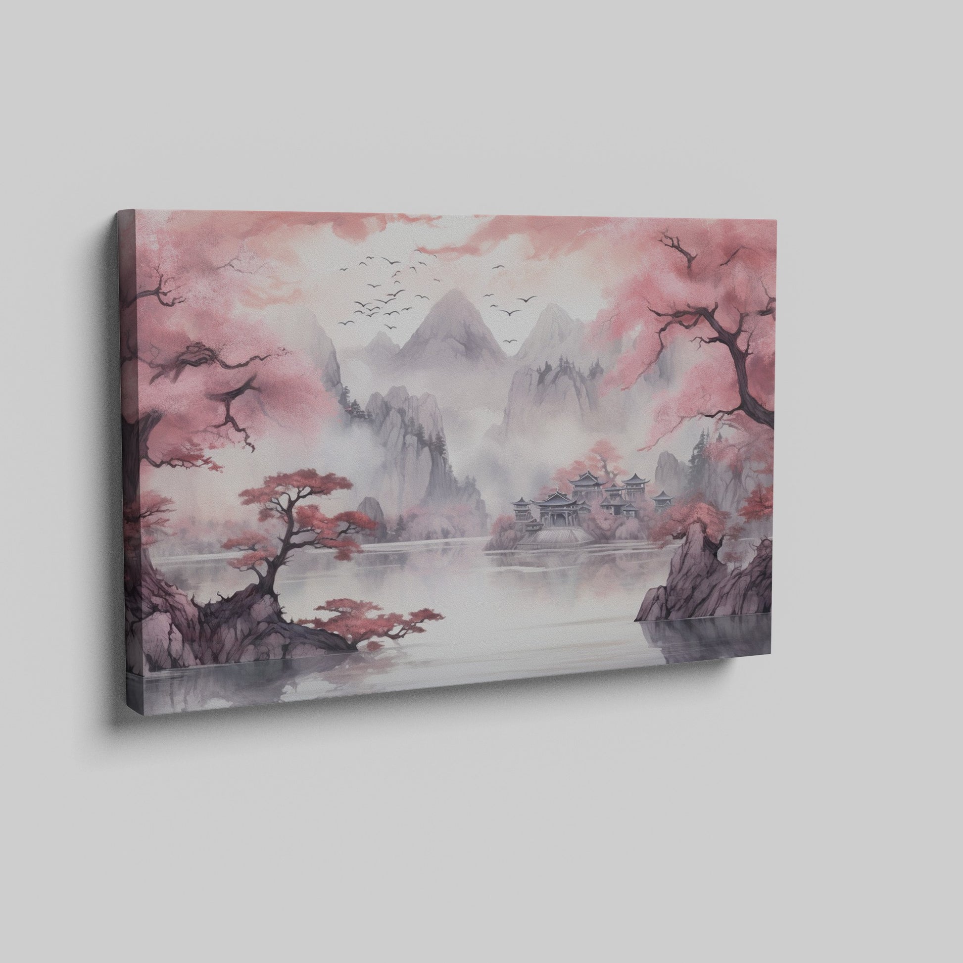 Framed canvas print of Asian landscape with cherry blossoms and misty mountains