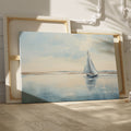 A serene painting of a sailboat on calm blue waters under a vast sky, reflecting a peaceful coastal scene.