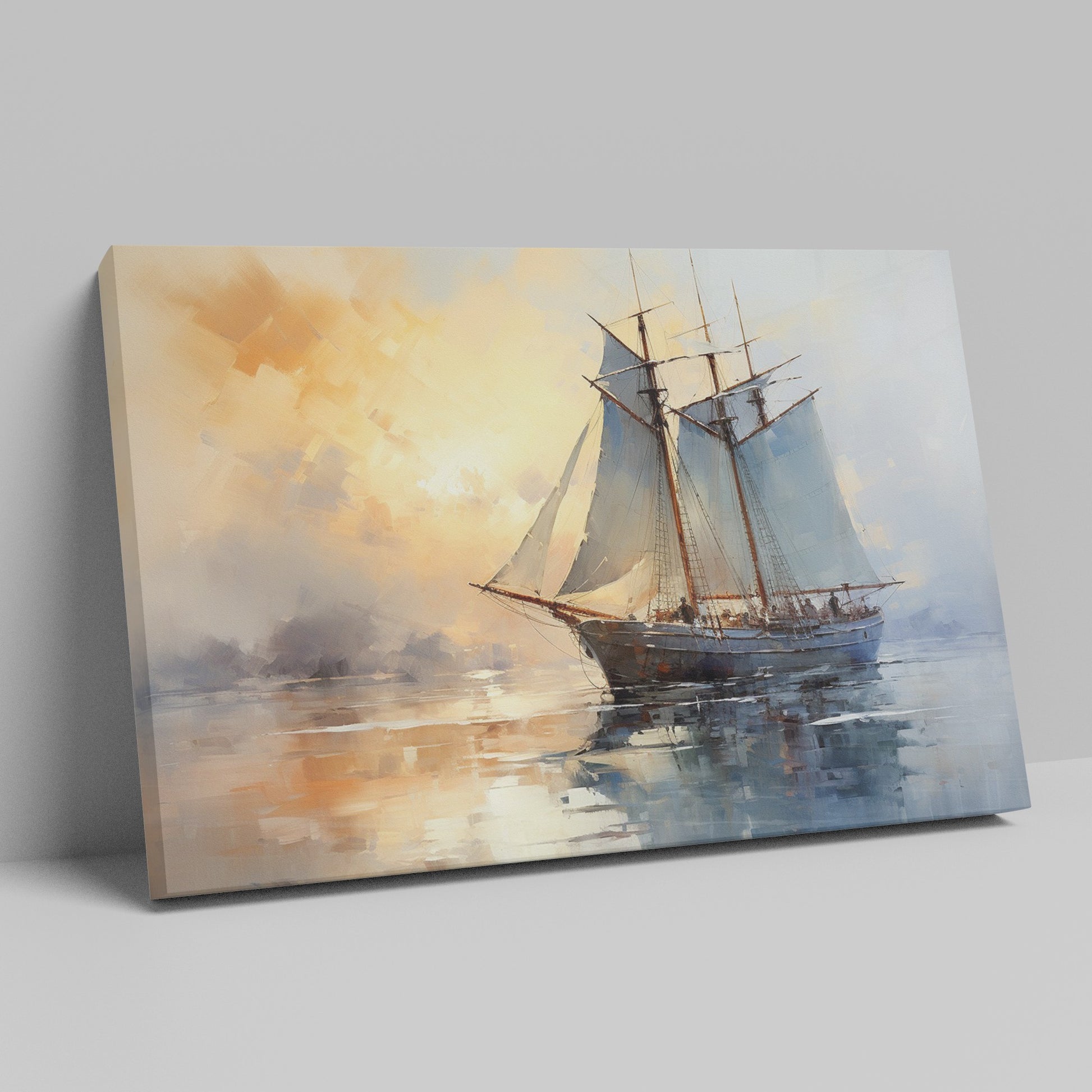 Framed canvas print of an impressionist-style sailing ship at sea during a warm, golden sunset with reflections on the water