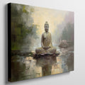 Framed canvas print of a serene golden Buddha seated by water with impressionistic background