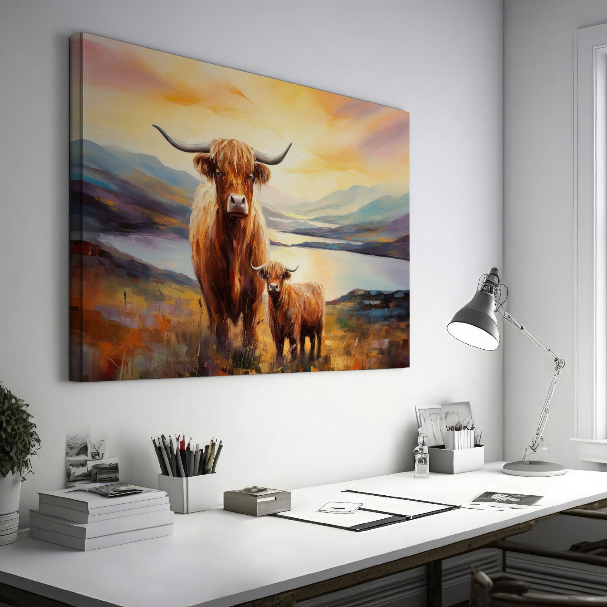 Framed canvas print of Highland cattle in a scenic landscape at sunset with warm hues