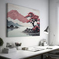 Framed canvas print of a serene mountain landscape with blooming pink sakura trees and tranquil lake