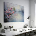 Framed canvas print of impressionist cherry blossoms overlooking a tranquil lake