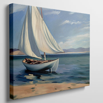 Framed canvas print of a serene sailboat seascape with vivid blue ocean and sky