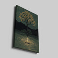 Framed canvas print of a candle's glow reflecting in water under a tree with golden leaves and a starry night