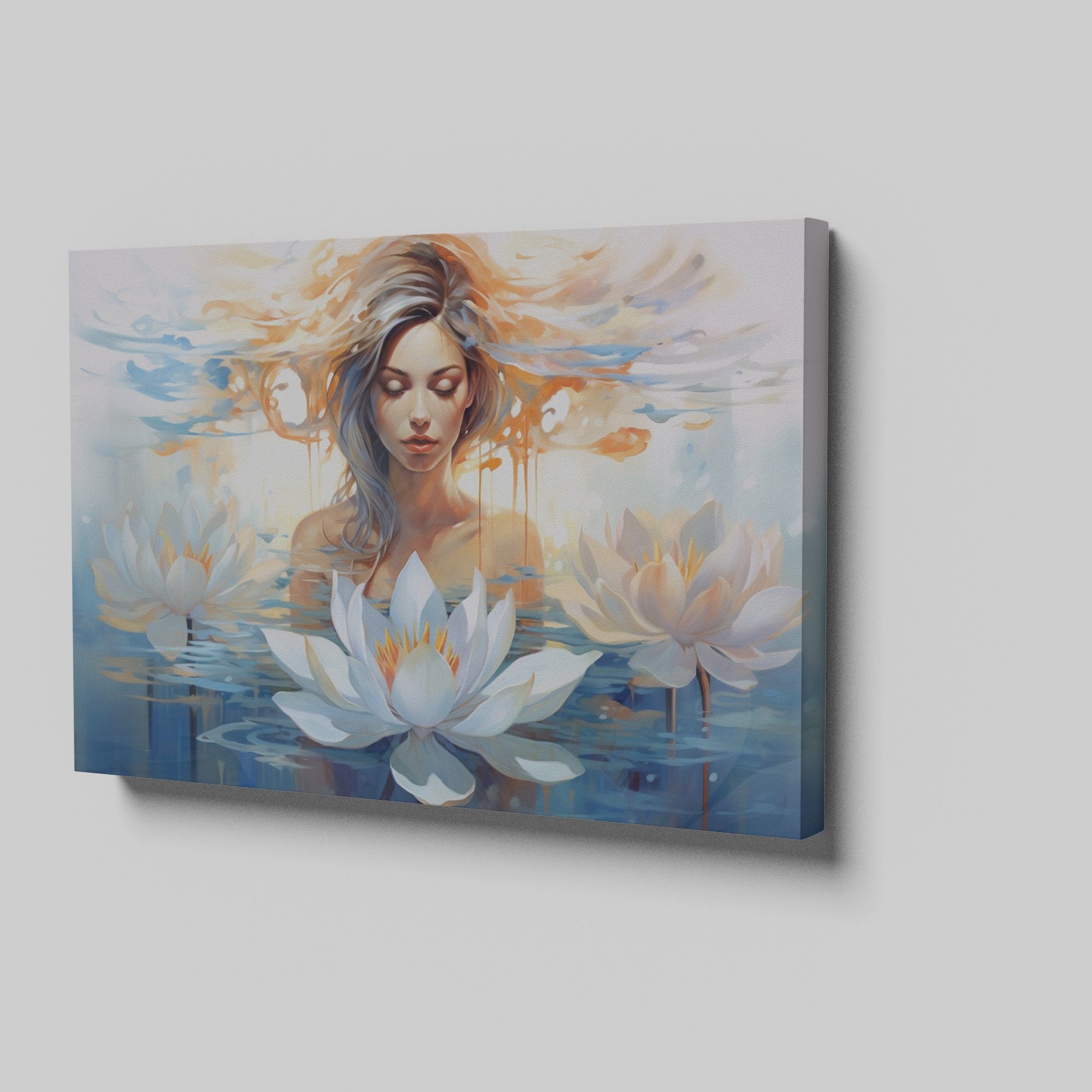 Framed canvas print of an ethereal woman with lotus flowers in serene water