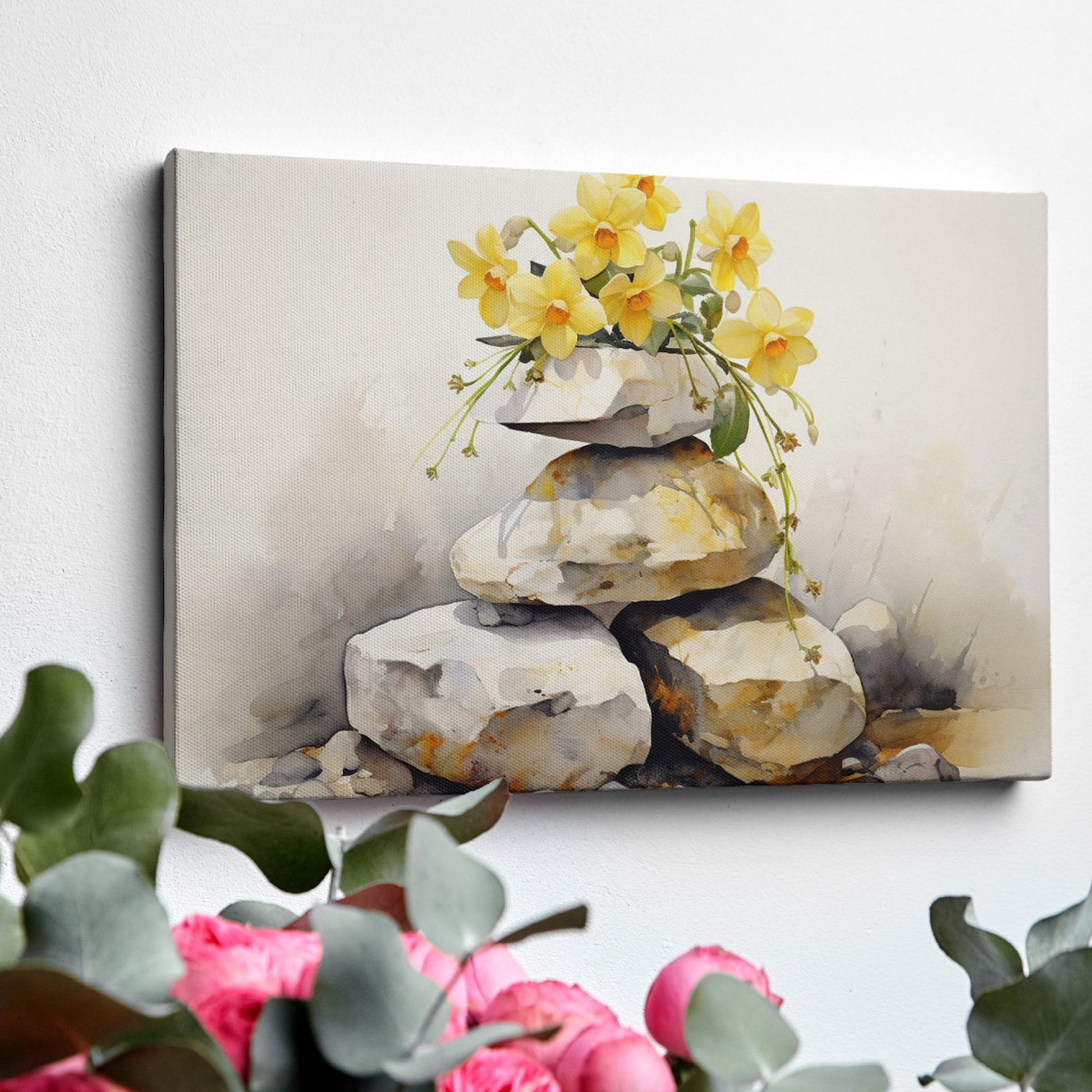 Framed canvas print of a Zen garden scene with watercoloured flowers and stones