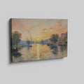 Framed canvas print of an Impressionist-style river scene with a sunset, reflective water and boats