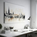 Framed canvas print of a monochromatic sepia cityscape with watercolor and reflection effects