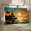 Abstract tropical sunset with a silhouetted sailboat at sea under a large sun with palm trees and calm water reflections.