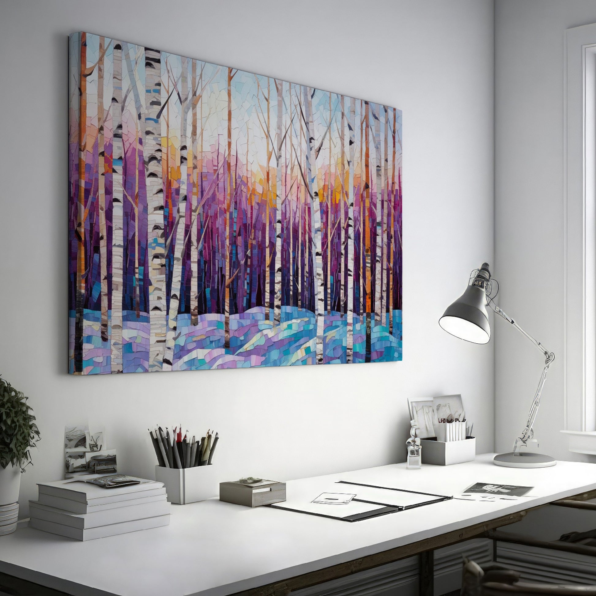 Framed canvas print of a vibrant geometric mosaic depicting an abstract birch forest with coloured leaves and sunset backdrop