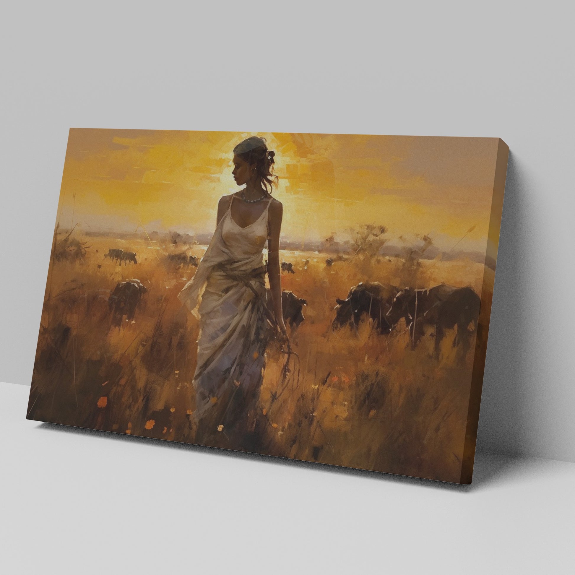 Framed canvas print of a figure in traditional attire at sunset with a savannah wildlife scene