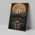 Stylized artwork of a tree against a large orange moon with a candle reflected on water