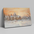 Framed canvas print of a snowy Victorian village at sunset with people ice skating