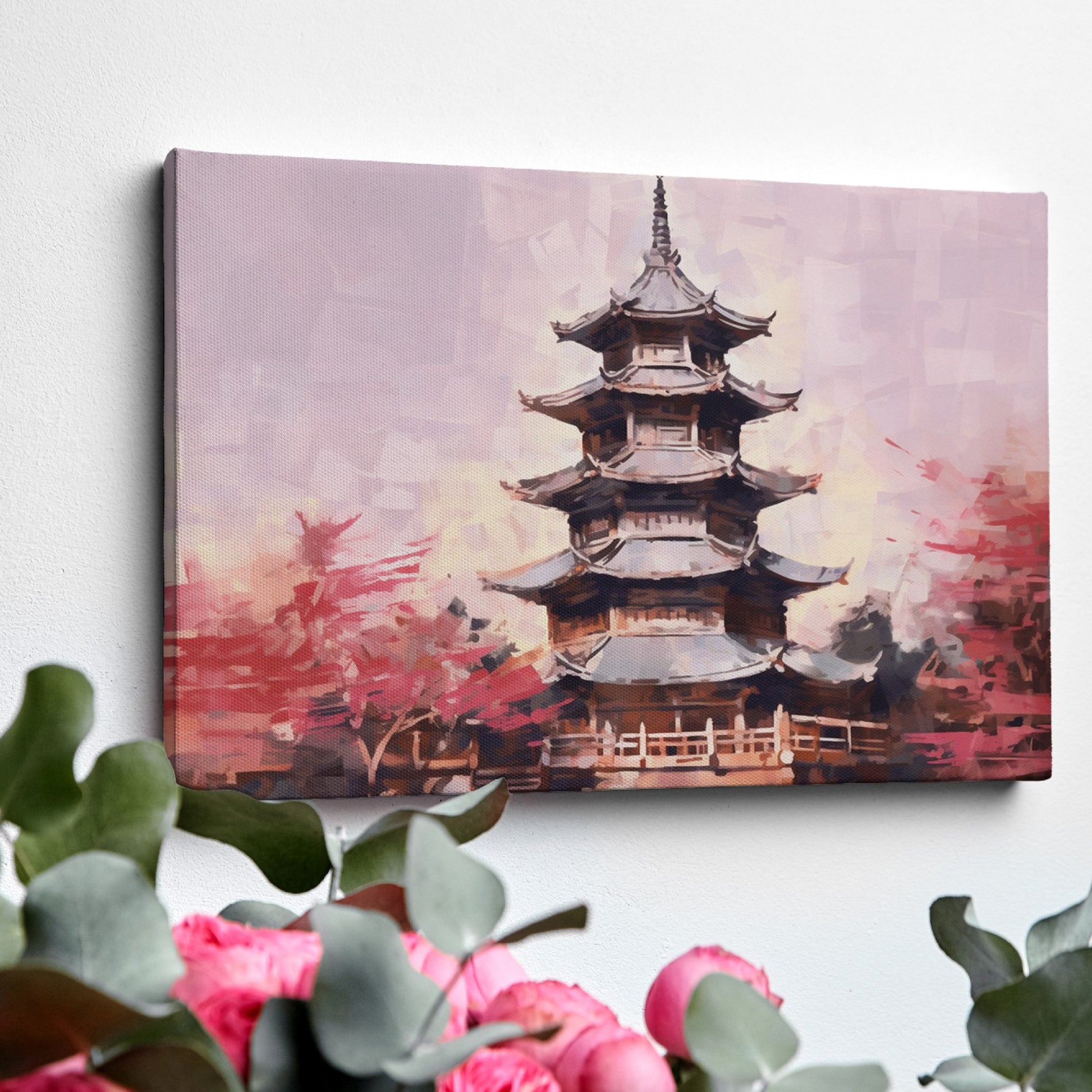 Framed canvas print of a tranquil pagoda with cherry blossoms in soft pastel hues