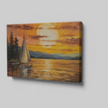 Abstract sailboat at sunset with orange and yellow sky over blue water, bordered by dark trees.