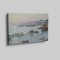 Framed canvas print of a coastal sunset impressionist painting with soft pastel colours and textured ocean waves