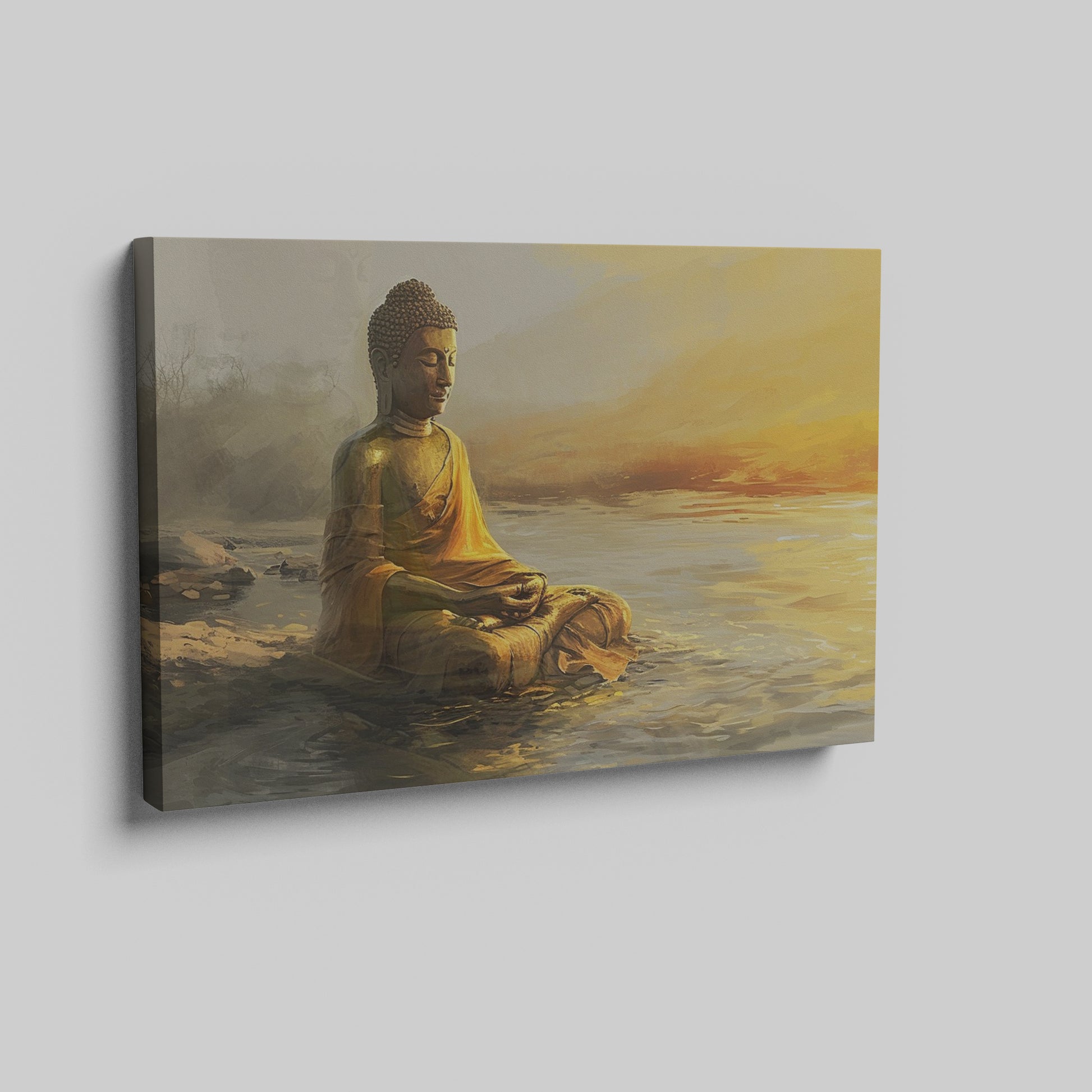 Wall canvas print of a meditative Buddha statue in golden and orange hues reflecting on tranquil waters at sunrise.