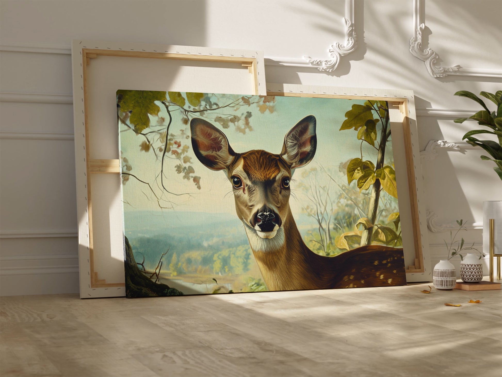 Framed canvas print of a realistic deer in a serene countryside setting with earthy tones