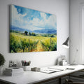 Framed canvas print of a scenic watercolor vineyard landscape with lush greenery and open sky