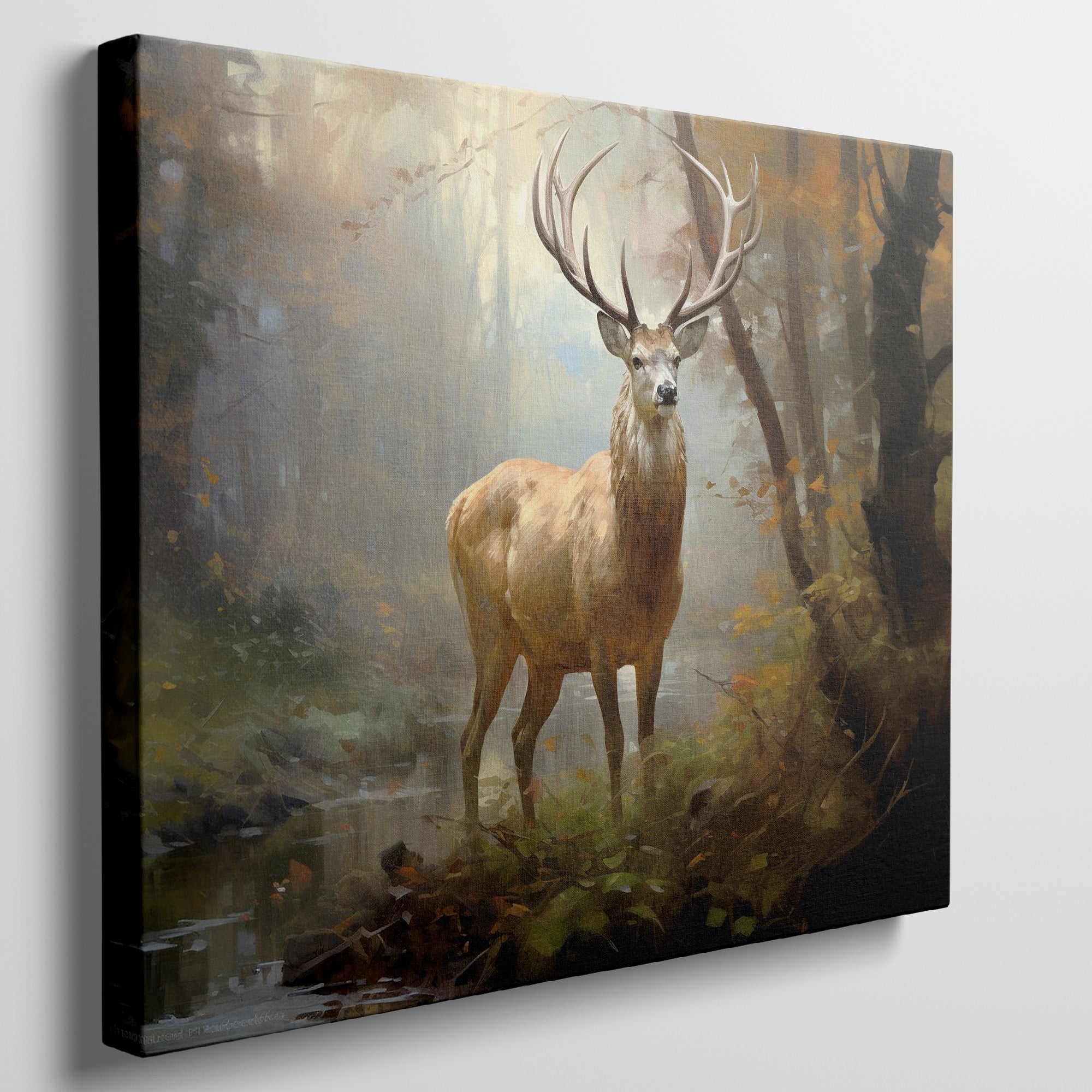 Framed canvas print of a majestic stag in a glowing autumn forest setting