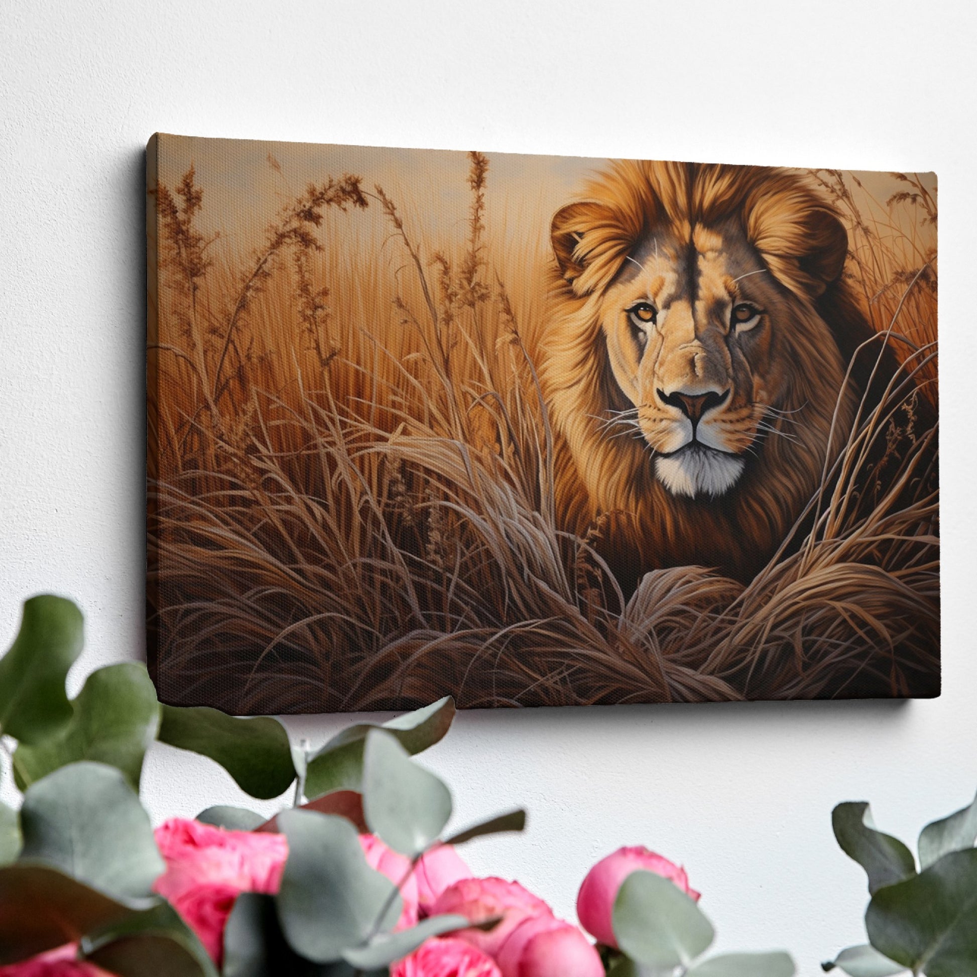 Framed canvas print of a realistic lion portrait in earthy tones