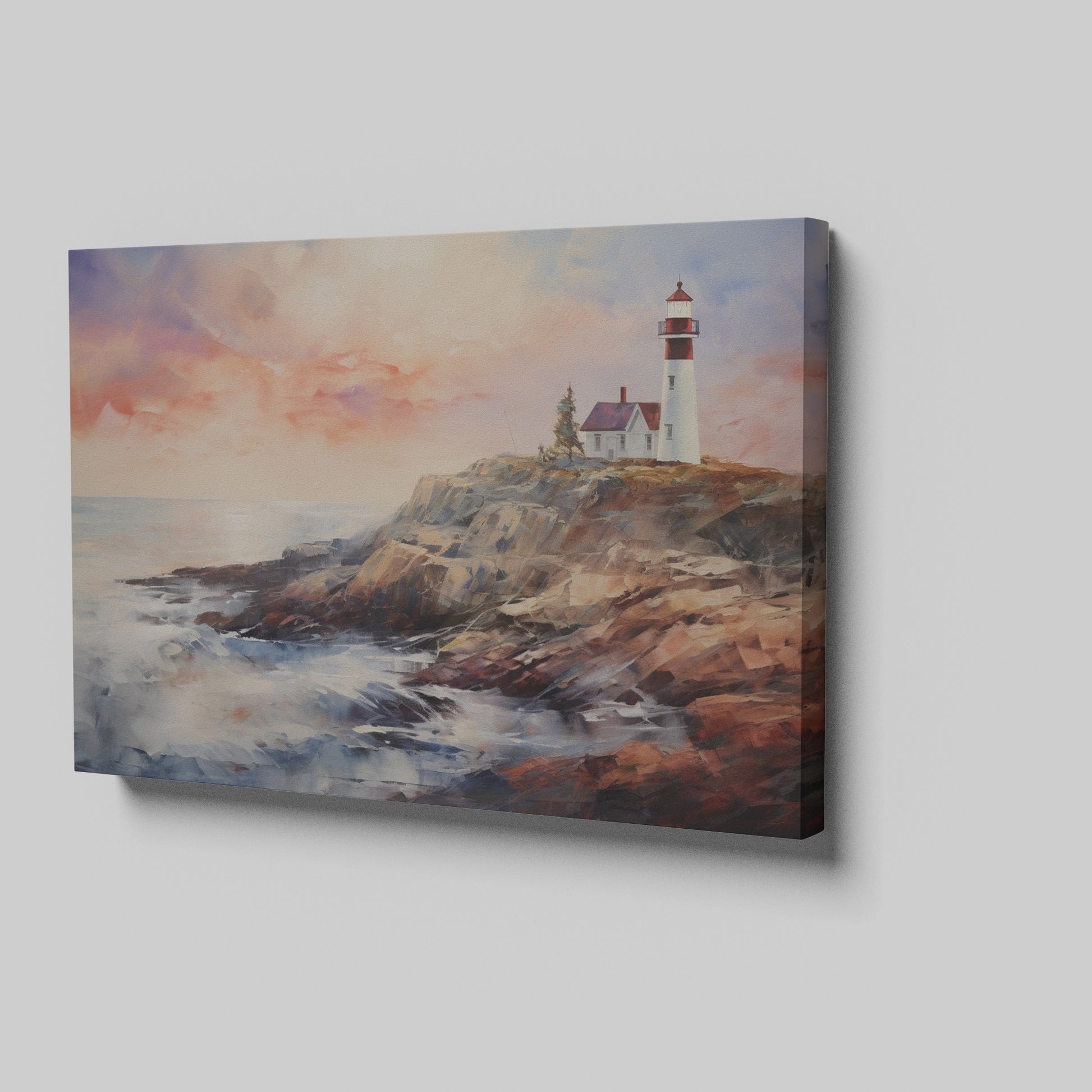 Framed canvas print of an impressionist lighthouse at sunset with vibrant colours