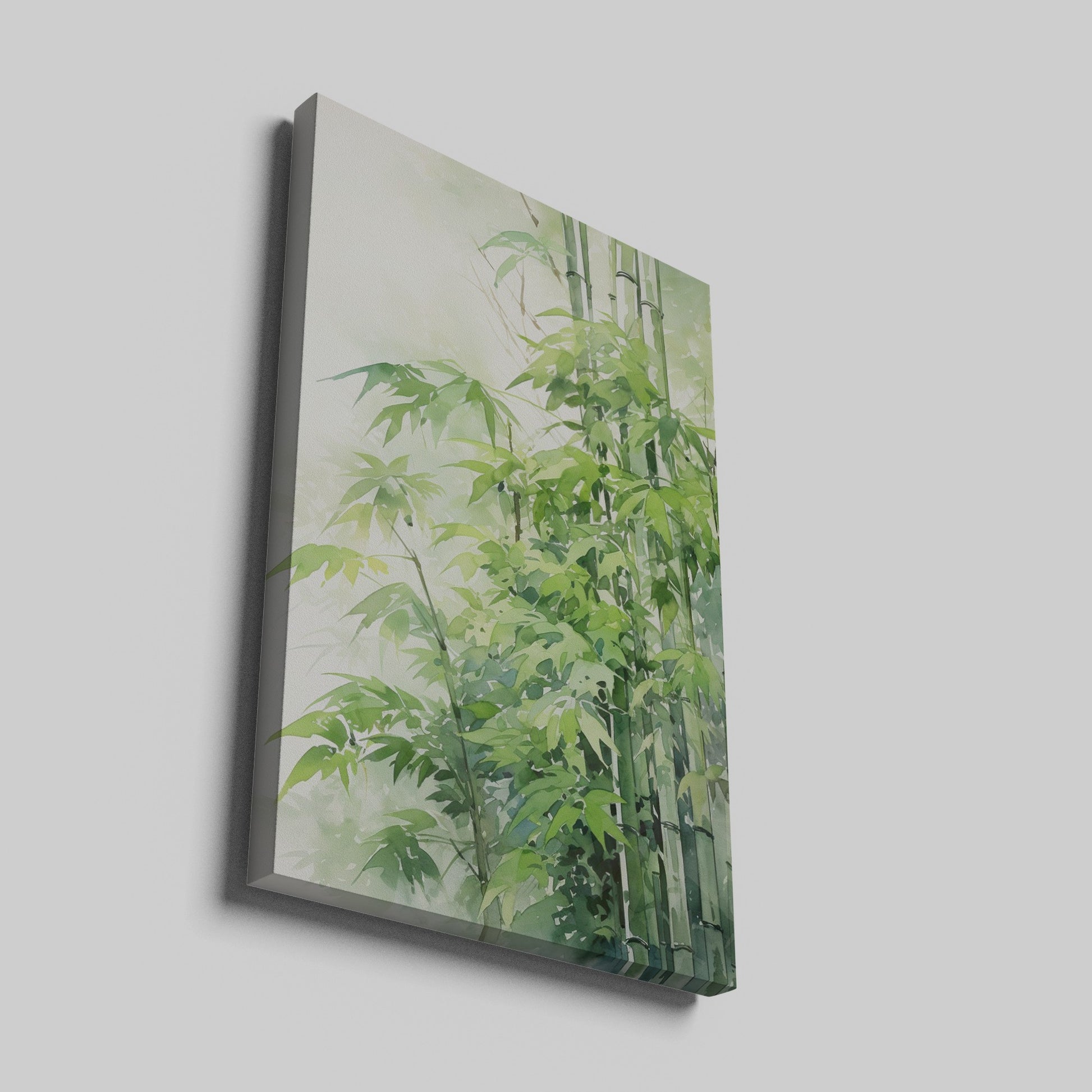 Framed canvas print of a tranquil watercolour depiction of bamboo surrounded by soft green hues