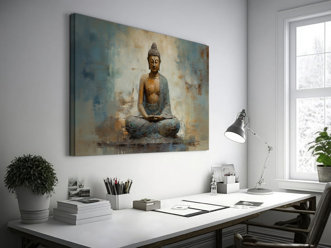 Framed canvas print of a serene Buddha in meditative pose with abstract earthy background