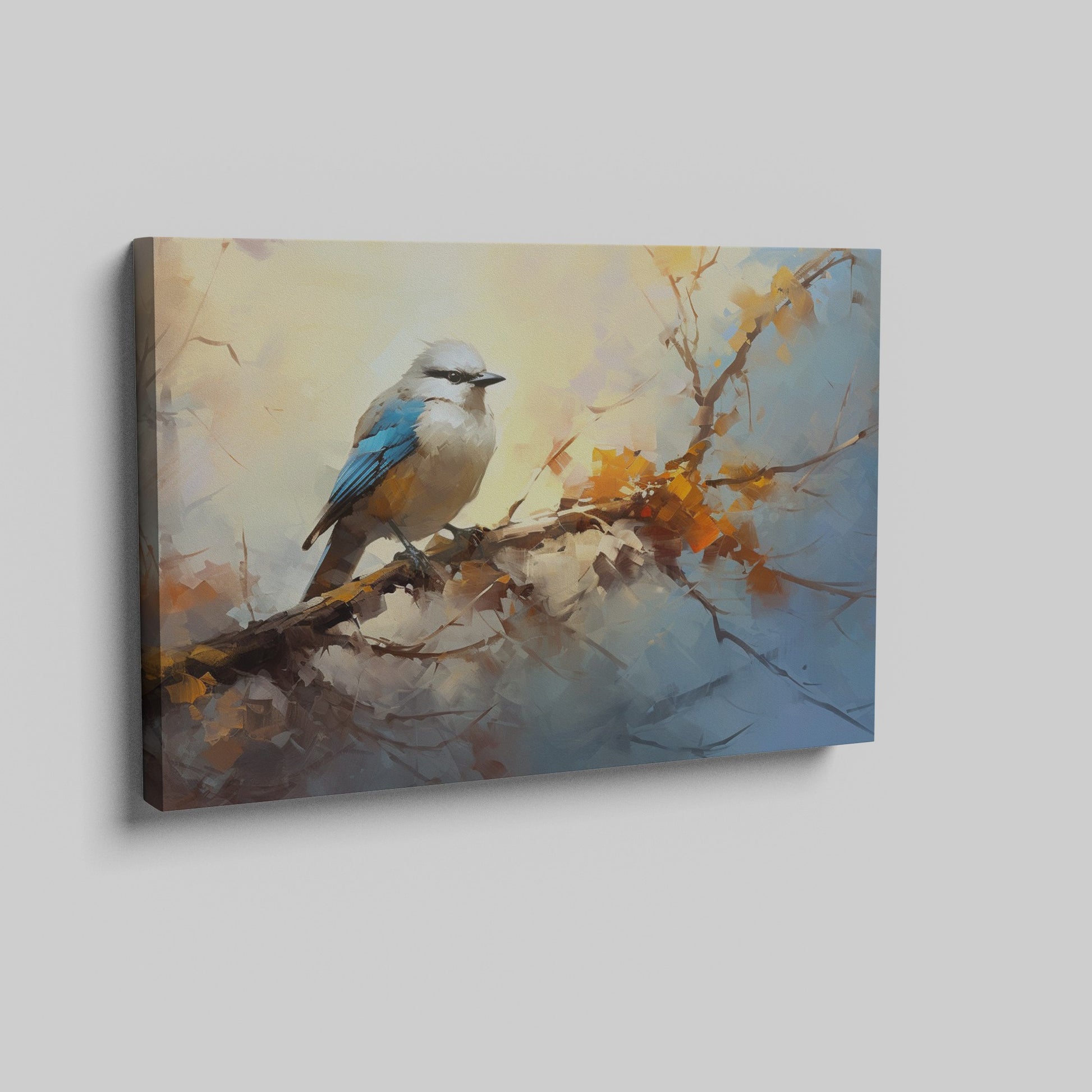 Framed canvas print of a stylised blue bird sitting on a branch with impressionistic brushstrokes